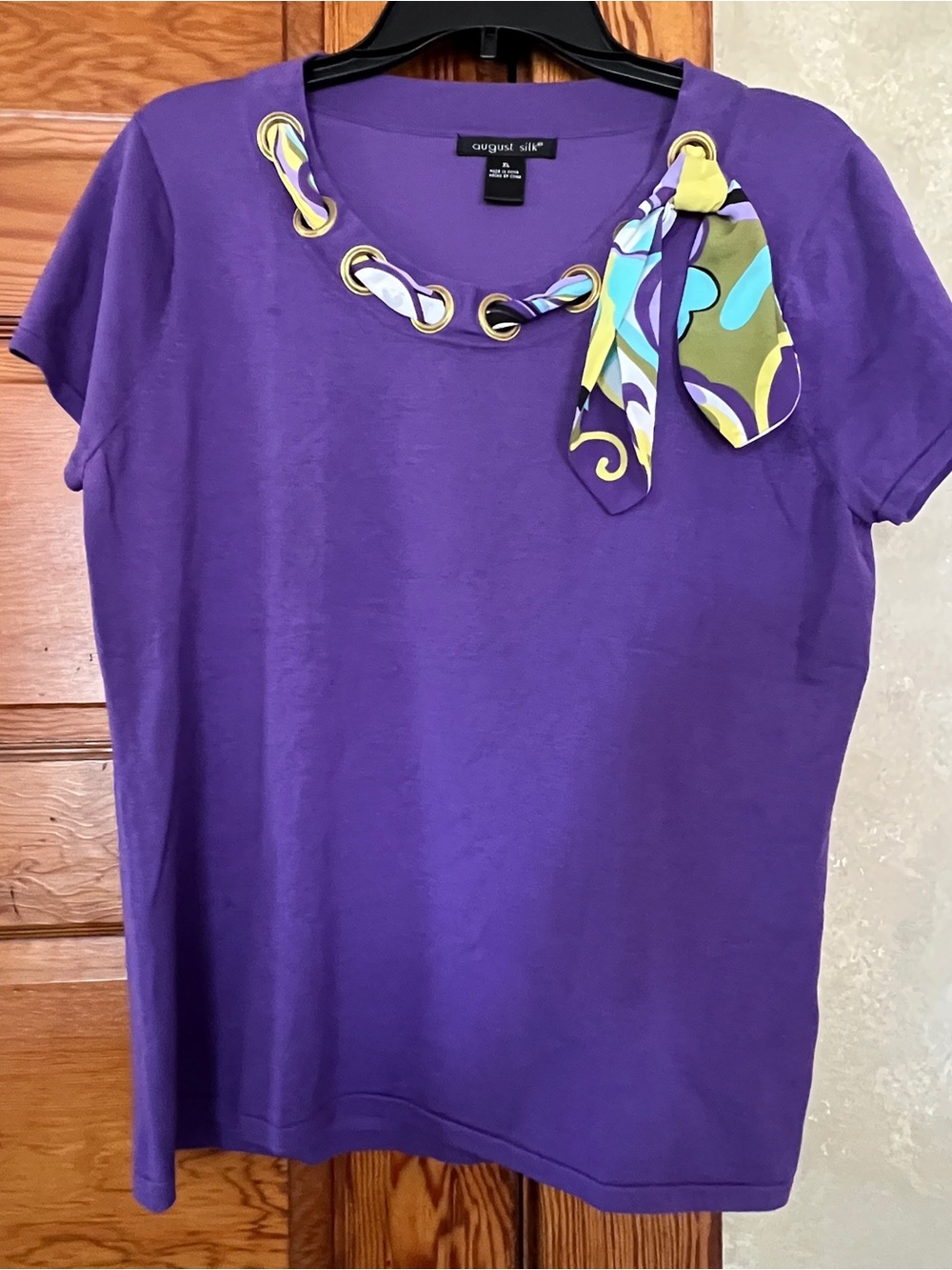 Vintage August Silk Women’s Purple Retro Groovy Twee T-Shirt with Scarf Size XL